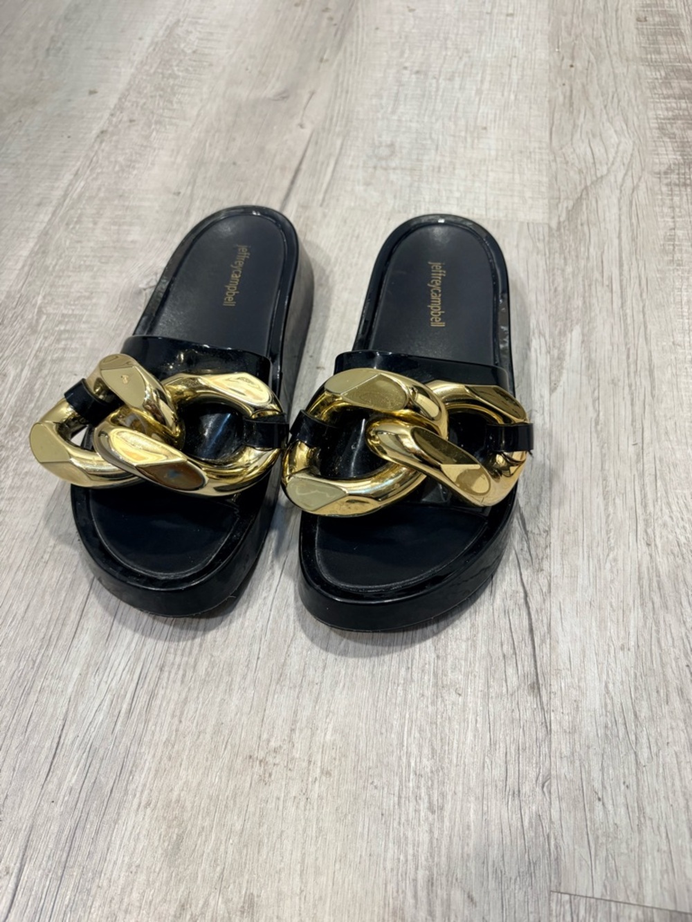 Jeffrey Campbell Black Slide Mules with Oversized Gold Chain